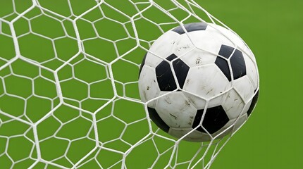 Fototapeta premium Soccer Ball Caught in Goal Net on Green Background, Football Match Victory Concept