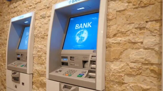Automated teller machines row standing against stone wall in bank interior during business hours with glowing screens showing world map and currency logo.