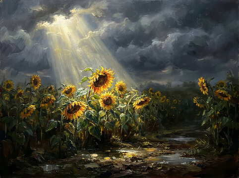 Sunflower ひまわり 182 Impasto Oil Painting of Sunflowers in a Muddy Field Under Stormy Light（嵐の光に照らされる泥だらけのひまわり畑の厚塗り油彩画）