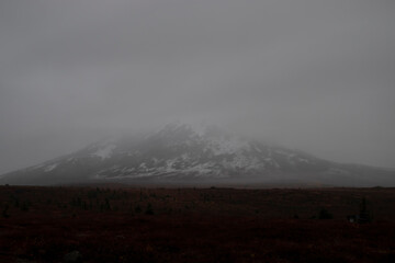 Fototapeta premium Fog covering Donnelly Dome in Alaska