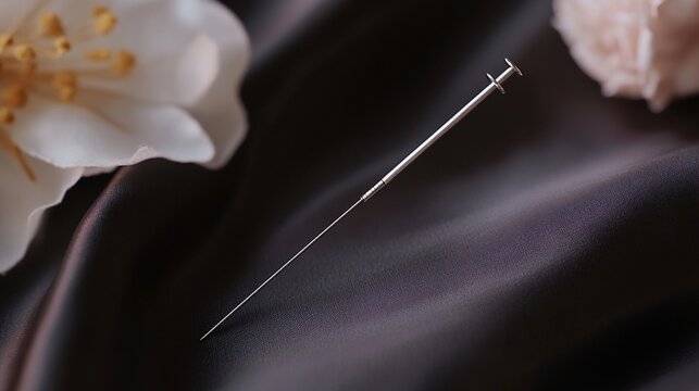 acupuncture. Slender silver acupuncture needle on dark silk fabric. STEM education sheets, lab safety posters, designed for STEM education and laboratory safety posters.