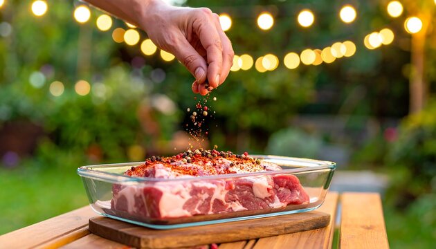 Raw meat being seasoned with spices on a glass baking dish on a wooden board outdoors in a garden with string lights