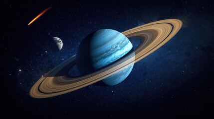 Naklejka premium Saturn with glowing pale yellow rings in deep space with stars and a moon