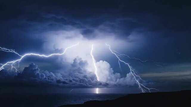 Powerful Lightning Strike Over Ocean Coastline