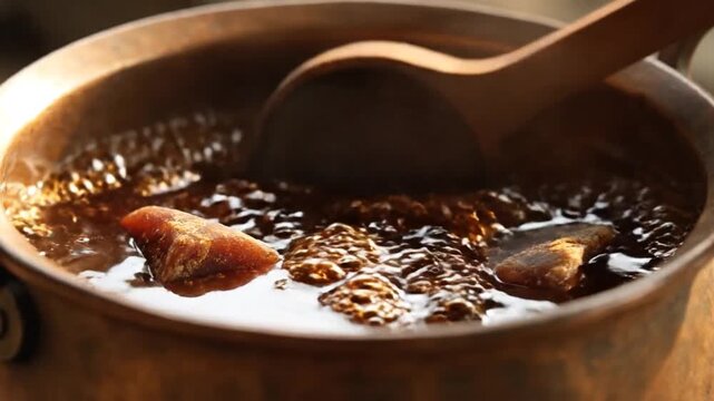 Brown Sugar Cubes Melting in Boiling Liquid