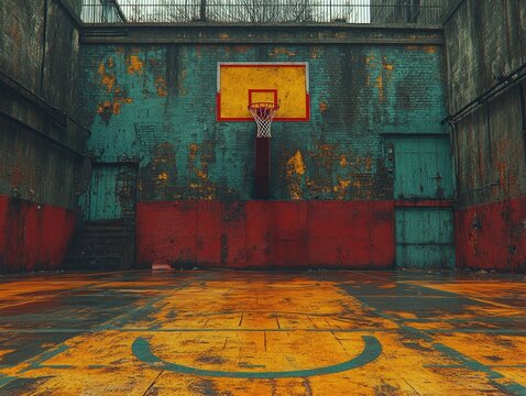 A gritty outdoor basketball court with peeling paint and aged surfaces. Evokes feelings of urban sport, nostalgia, and a raw, authentic vibe.