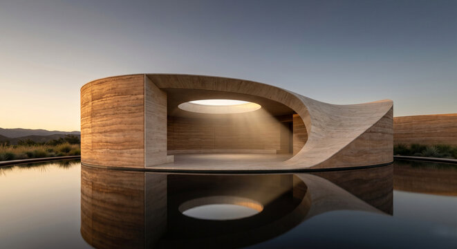 Organic Architectural Healing Pavilion with Serene Reflection Pool