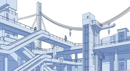 Fototapeta premium Blue Line Art Illustration of Futuristic Industrial Infrastructure with Escalators, Cranes, and Multi-Level Platforms in Architectural Blueprint Style