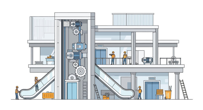 Modern Industrial Building Cross-Section Illustration with Elevators, Escalators, Machinery, and Maintenance Workers in a Clean Flat Vector Style
