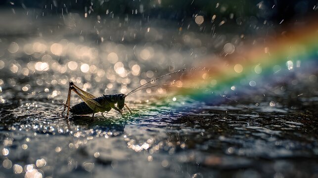 Illustration of a grasshopper on wet asphalt after the rain with a beautiful rainbow in the sky