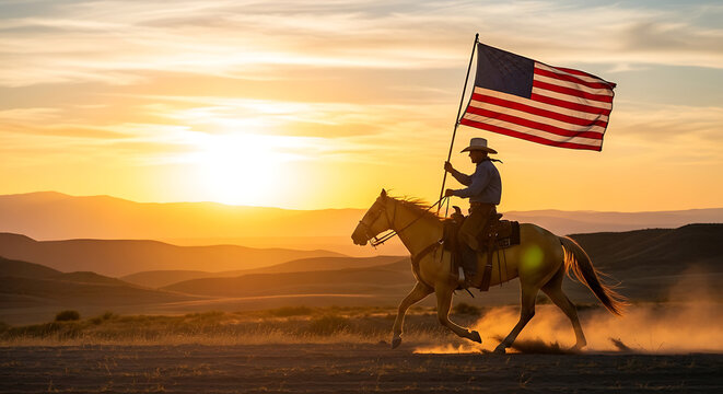 Cowboy riding a horse at sunset holding an american flag