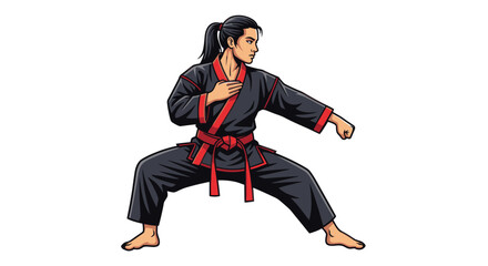 Female martial artist in black and red uniform practicing karate stance isolated on white © Vect