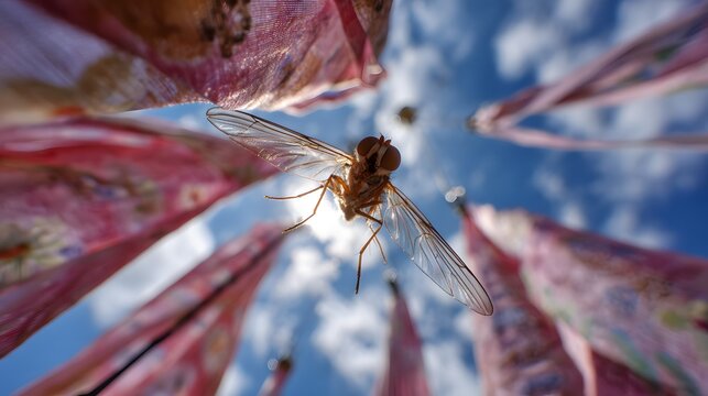 Low angle view illustration looking up at a winged insect flying down from the sky