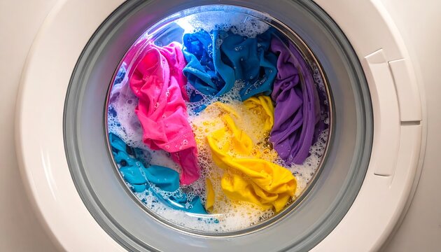 A vibrant and colorful washing machine interior with crumpled pink, yellow, blue, and purple clothes spinning in soapy water, showcasing a domestic laundry scene in a modern appliance.