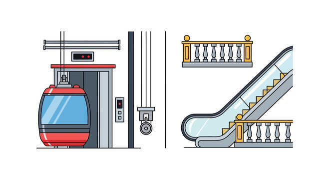 Public Infrastructure Icons Set: Cable Car, Modern Elevator, Escalator, and Balustrade Vector Illustrations for Urban Design and Mobility