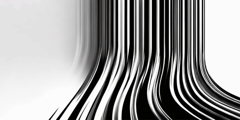 Abstract black and white striped background, featuring a visually striking pattern of curved lines that create a sense of depth and movement, ideal for design templates. © LumenCraft