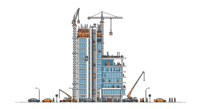 Modern Skyscraper Under Construction Illustration with Tower Cranes and Urban Street Life