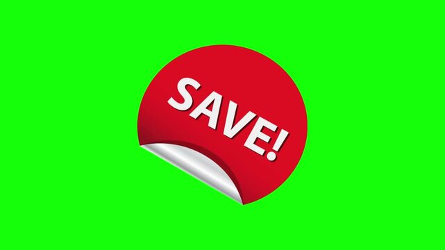 Animated red save button and sticker graphics on a green screen for digital marketing content