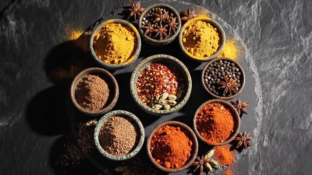 Assorted Spices Arranged Artfully in Bowls