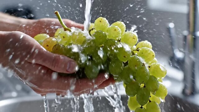 Fresh Green Grapes Being Washed Under Running Water, Preparing Healthy Snack and Cleaning Fruits