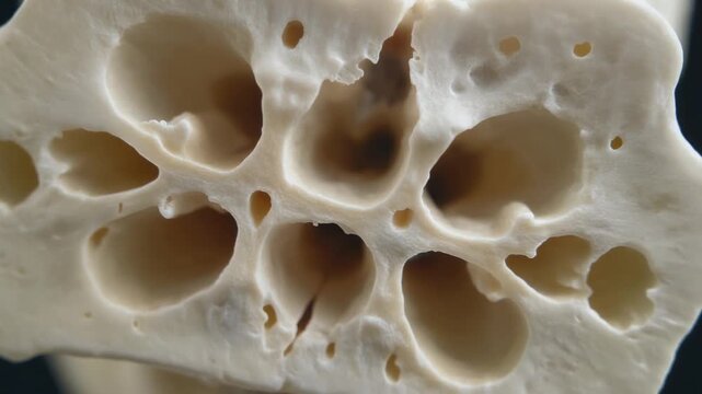 Close-up macro view of a human temporal bone labyrinth or cochlea structure with intricate cellular, organic, bone formation, symbolizing science, research