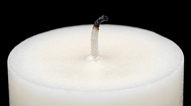 Macro close-up of an unlit white pillar candle with a braided cotton wick. High-resolution texture details of clean paraffin wax isolated on black background, perfect for minimalist design
