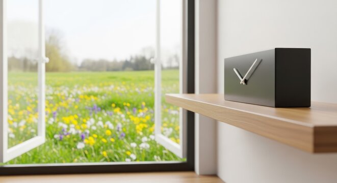 Modern clock on a wooden shelf with a vibrant spring flower field visible through an open window.