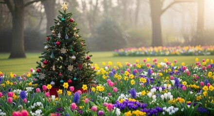Obraz premium Festive Christmas Tree Adorned in a Vibrant Spring Flower Garden