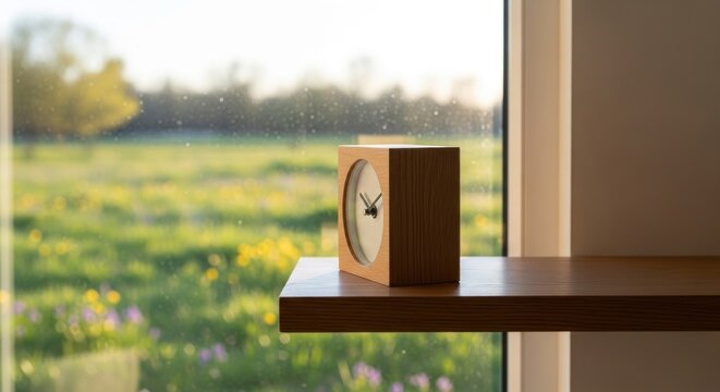 Modern wooden desk clock on a shelf with a blurred spring field view