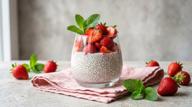 Healthy nutritious chia seed pudding dessert garnished with sweet fresh strawberries and mint leaves in a glass