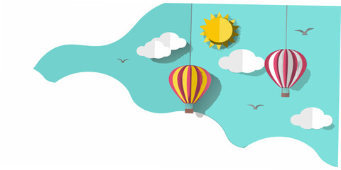 paper cut hot air balloons and sun charming 3d paper art style © Sukla