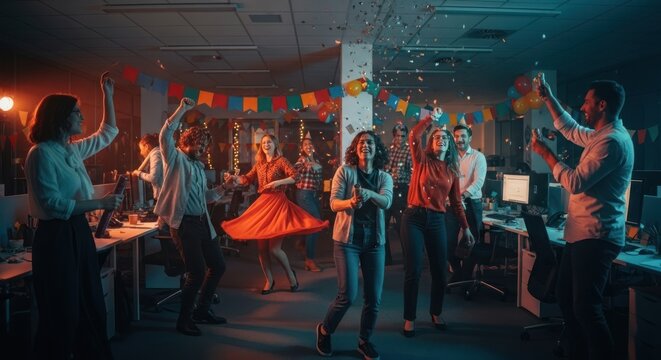 Diverse business team celebrating with a festive office party.