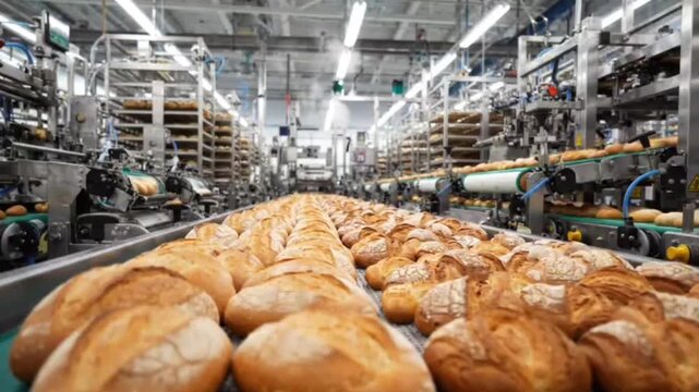 Industrial automated bakery production line moving fresh artisan bread loaves on conveyor belt system in large manufacturing facility modern factory setting.