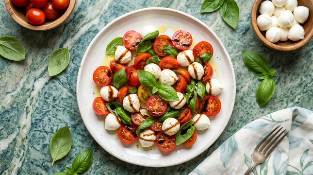 Traditional italian caprese salad with fresh mozzarella cheese balls cherry tomatoes and green basil on a marble table