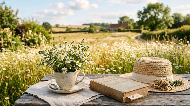 Countryside picnic with chamomile tea and book in meadow