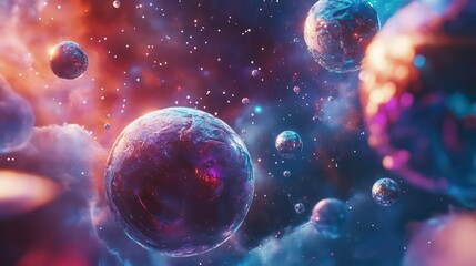 Naklejka premium planets in space, rendered in cinema4D chrome effect, dreamy fantasy colors, holographic galaxy wallpaper, background