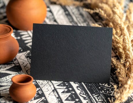 Blank handmade paper greeting card mockup resting inside a traditional woven sweetgrass basket.