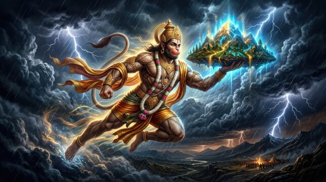 Lord hanuman carrying dronagiri mountain with sanjeevani herbs in sky