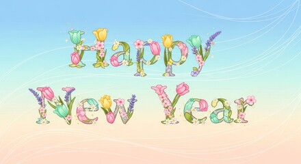 Fototapeta premium Happy New Year floral lettering with tulips and daisies on a soft gradient background