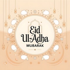 Obraz premium Beautiful Eid Ul-Adha Mubarak Greeting Card Design Featuring Cute Cartoon Sheep Illustrations, Hanging Lanterns, and Elegant Floral Ornaments on a Soft Beige Background for Islamic Celebration