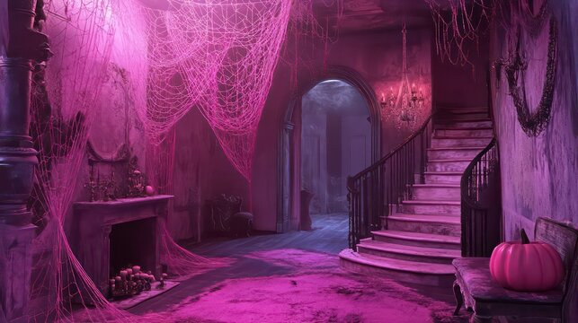 Spooky, dimly lit hallway with pink cobwebs, a fireplace, and a grand staircase.