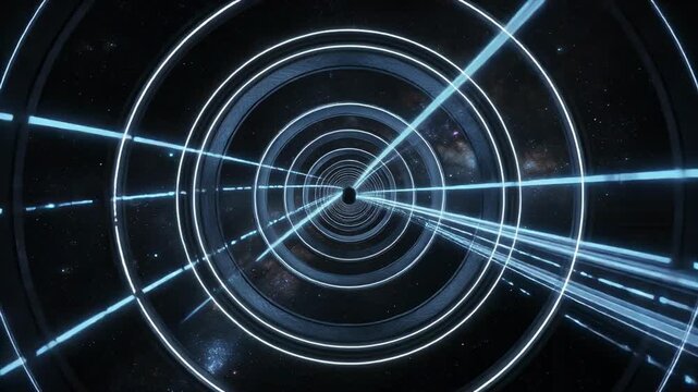 Futuristic glowing blue tunnel with radiant rings and beams extending into deep space