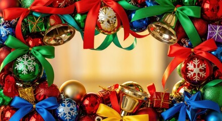 Fototapeta premium Festive Christmas ornaments and ribbons adorn a holiday celebration.