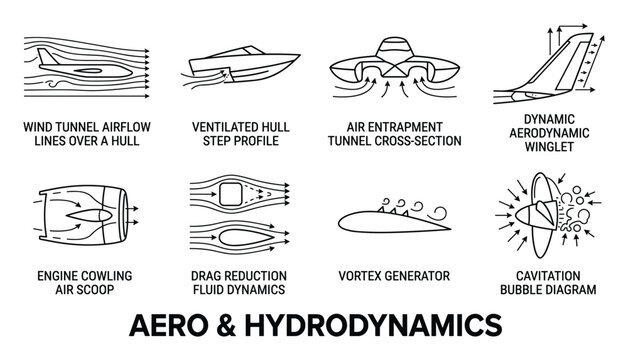 Aero and hydrodynamics research set featuring technical icons depicting airflow and marine movement.