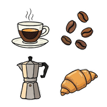Coffee beans and breakfast food items.