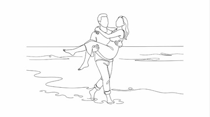 Obraz premium Summer Romantic Couple Walking Together Carry Pose Line Art – Shoreline Love Illustration