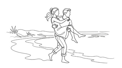 Fototapeta premium Summer Couple Running on Shoreline Carry Pose Line Art – Romantic Motion Illustration