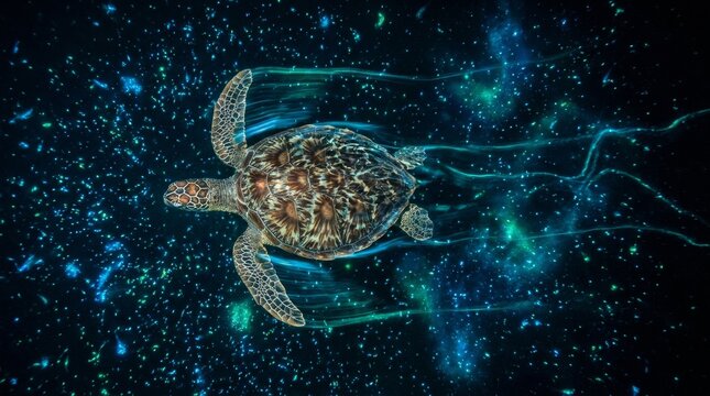 Surreal digital art of a sea turtle gliding through a cosmic ocean of stars and bioluminescent light trails.