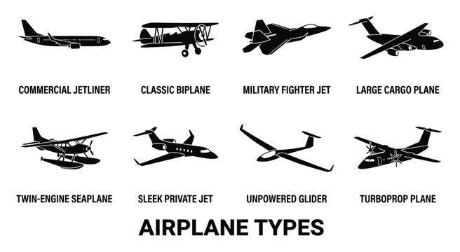 Airplane types collection commercial jetliner classic biplane fighter jet cargo plane seaplane jet.