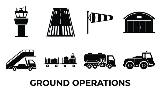 Airport ground operations icons set with control tower runway windsock hangar and passenger stairs.